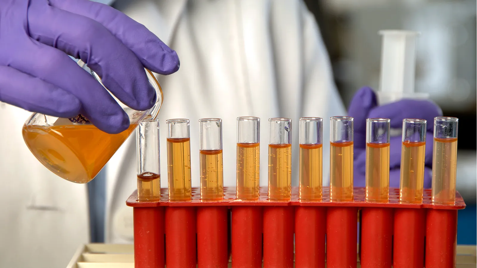 Liquid being poured into test tubes