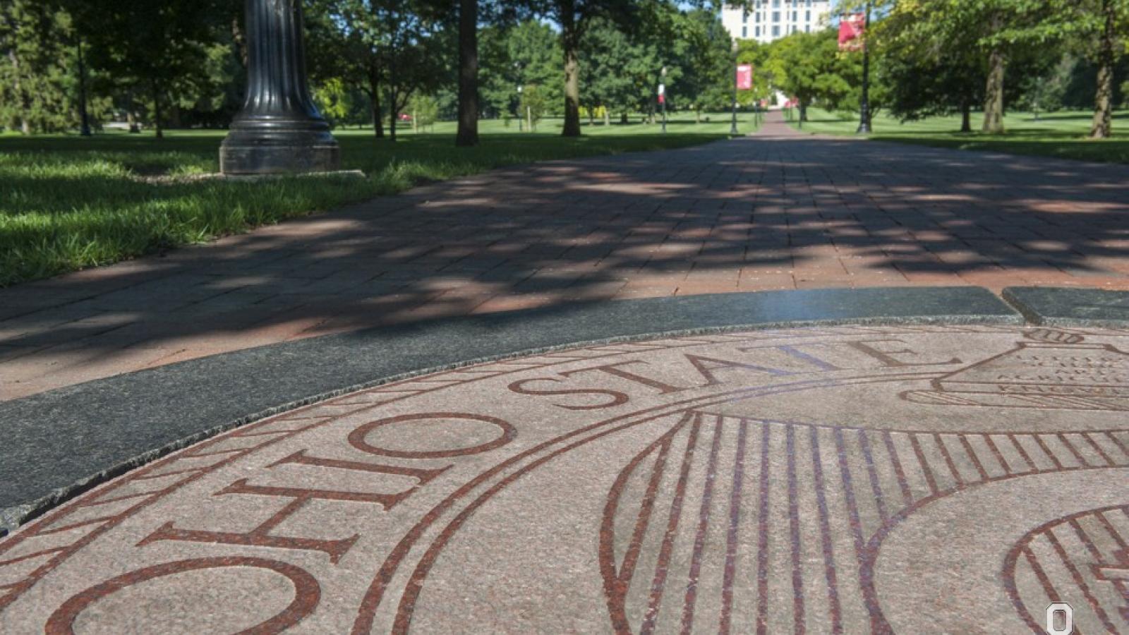 Ohio State emblem on Oval walkway